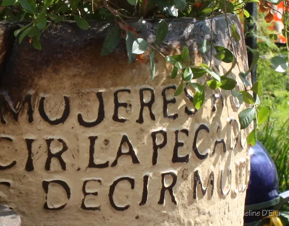 A terracotta pot with the words mujeres y crculo pecado.